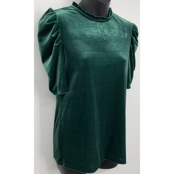 CeCe Womens Blouse Top Small S Green Velvet Short Sleeve High Neck Stretch New - Picture 3 of 6